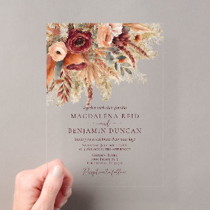 Burgundy Terracotta Florals Pampas Grass Wedding Acrylic Invitations