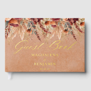 Burgundy Terracotta Florals Pampas Grass Wedding Guest Book