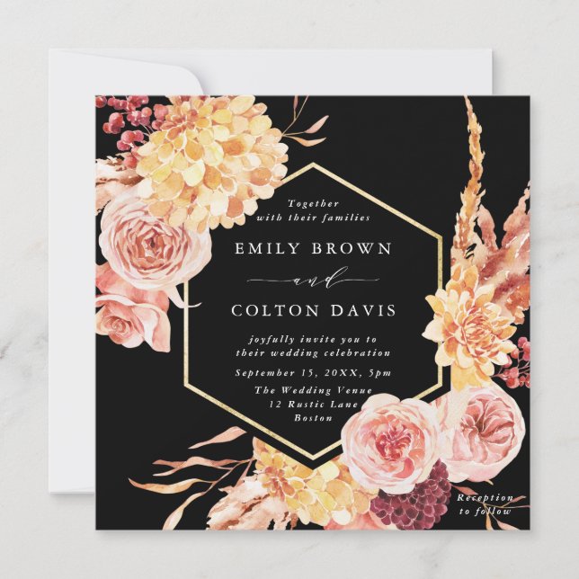 Burgundy Terracotta Gold Floral Wedding Square Invitation (Front)