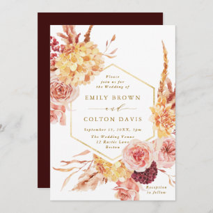 Burgundy Terracotta Gold Script Floral Wedding Invitation