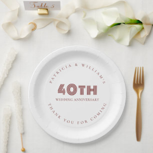 Burgundy Text 40th Wedding Anniversary Thanks Paper Plate