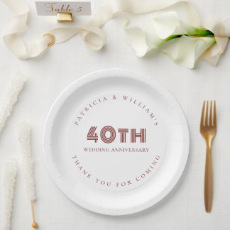 Burgundy Text 40th Wedding Anniversary Thanks Paper Plate