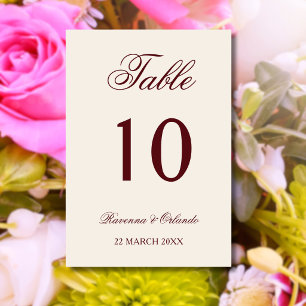 Burgundy Text Ivory Old Money Quiet Wedding Table Number