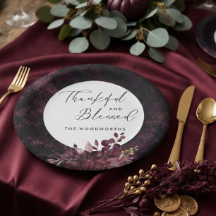 Burgundy Thanksgiving Thankful & Blessed  Paper Plate