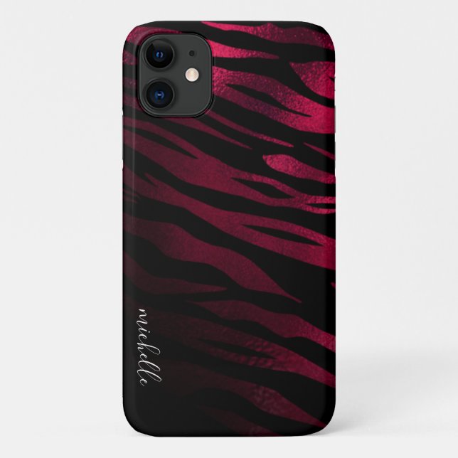 Burgundy Tiger Stripes Personalized Monogram Case-Mate iPhone Case (Back)