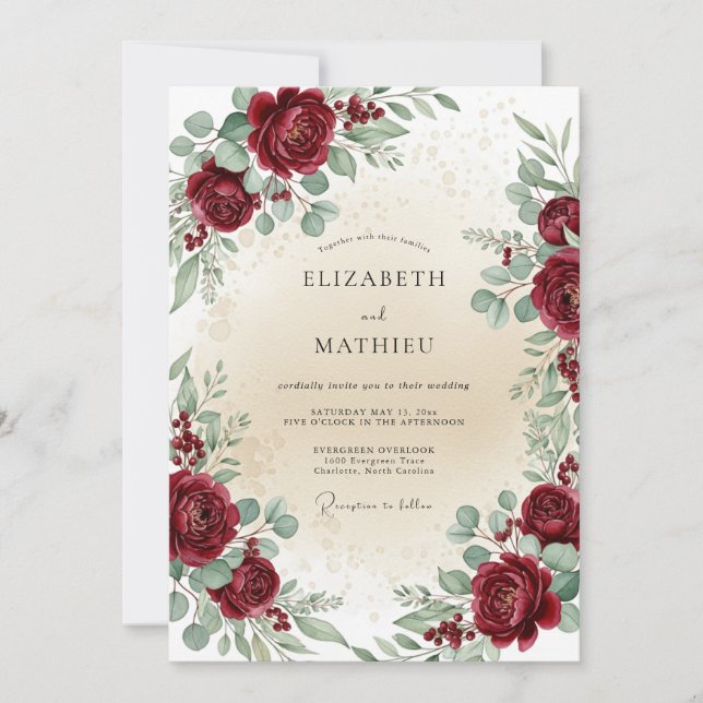 Burgundy Timeless Botanical Wedding Invitation (Front)