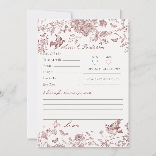 Burgundy Toile De Jouy Floral Advice for Baby Card (Front)