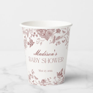 Burgundy Toile De Jouy Vintage Floral Baby Shower Paper Cups