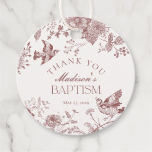Burgundy Toile De Jouy Vintage Floral Baptism Favour Tags