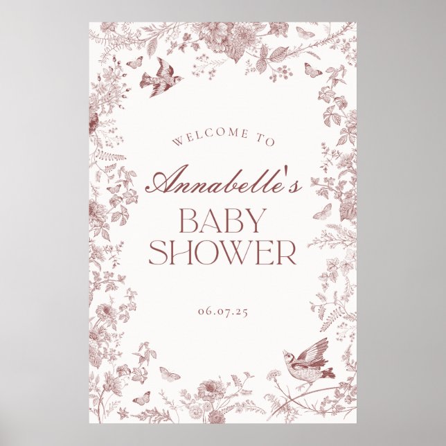 Burgundy Toile Floral Baby Shower Welcome Sign (Front)