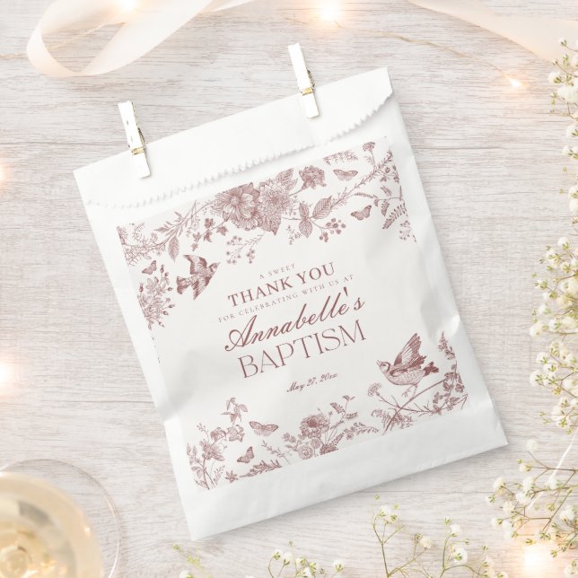 Burgundy Toile Floral Baptism Dessert Favour Bag (Clipped)