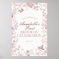 Burgundy Toile Floral Birthday Party Welcome Sign