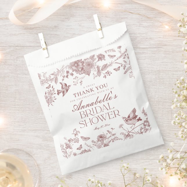 Burgundy Toile Jouy Floral Bridal Shower Dessert Favour Bag (Clipped)