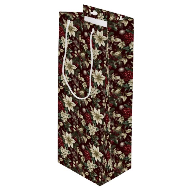 Burgundy Traditional Christmas Floral Wine Gift Bag (Front Angled)