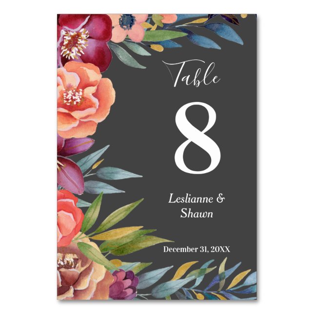 Burgundy Tropical Floral Modern Grey Table Number (Front)