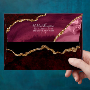Burgundy Velvet Agate Geode Script Address Envelope