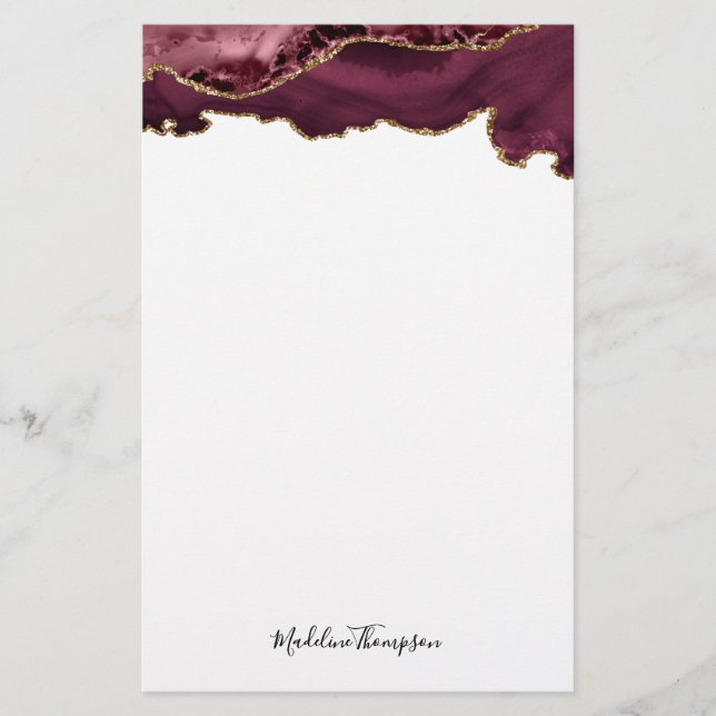 Burgundy Velvet Agate Geode Script Typography Stationery (Front)