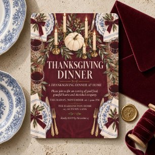 Burgundy Velvet Bow Chinoiserie Thanksgiving  Invitation