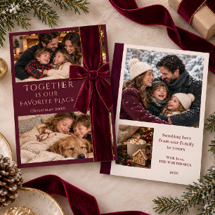 Burgundy Velvet Bow Family Photo Christmas Holiday Card