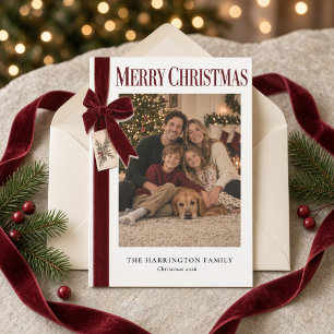 Burgundy Velvet Bow Family Photo Merry Christmas Holiday Card