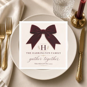 Burgundy Velvet Bow Monogram Personalized Napkin