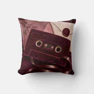 Burgundy Velvet Cassette Romantic Vintage Letters Throw Pillow