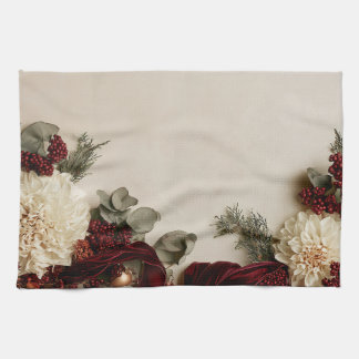 Burgundy Velvet Dahlia Christmas Floral Kitchen Towel