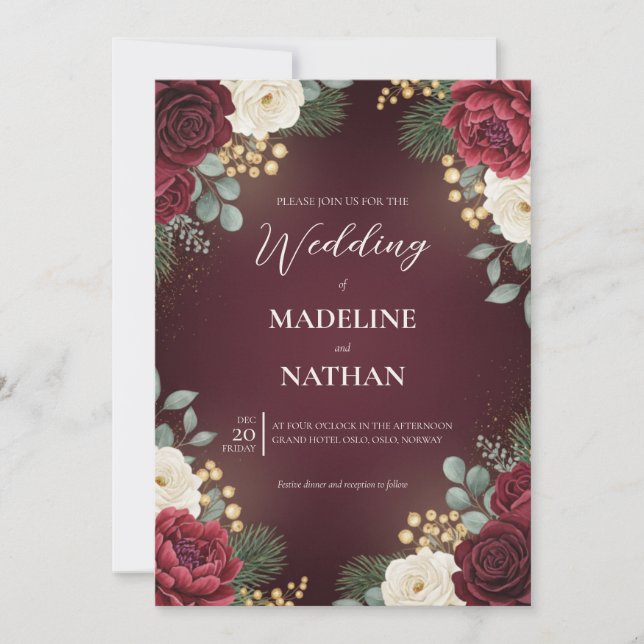Burgundy Velvet Floral Christmas Wedding Invitation (Front)