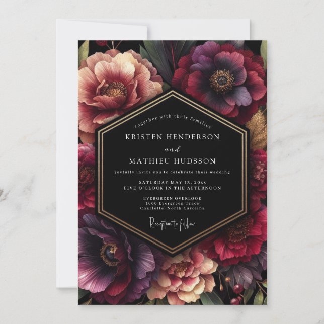 Burgundy Velvet Floral Wedding Invitation (Front)