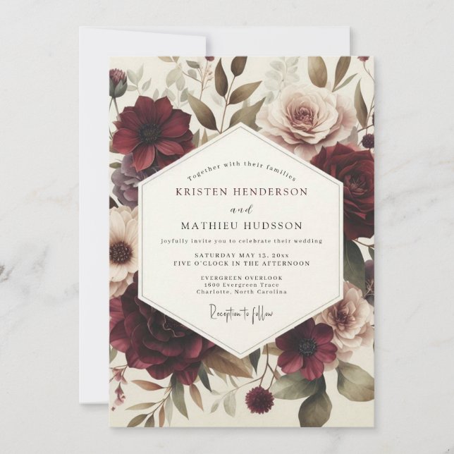 Burgundy Victorian Flora Wedding Invitation (Front)