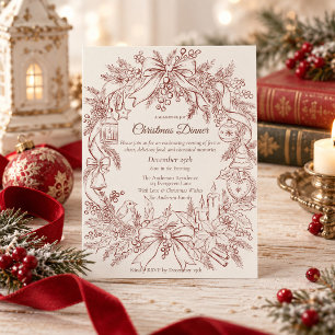Burgundy Vintage Christmas Line Art Invitation