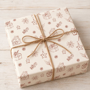 Burgundy Vintage Christmas Line Art Wrapping Paper