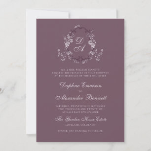 Burgundy Vintage Floral Monogram Crest Wedding Invitation