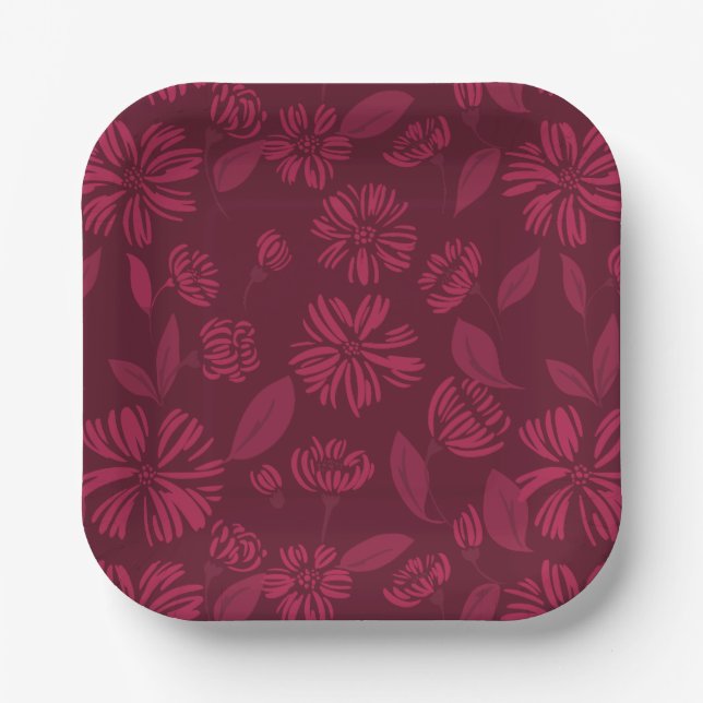 Burgundy Vintage Floral Paper Plate (Front)