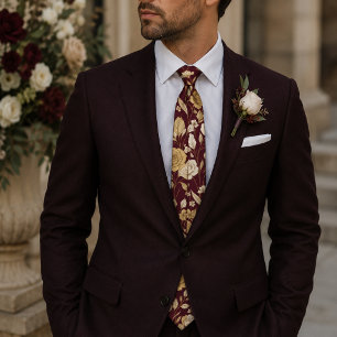 Burgundy Vintage Golden Floral Pattern Tie