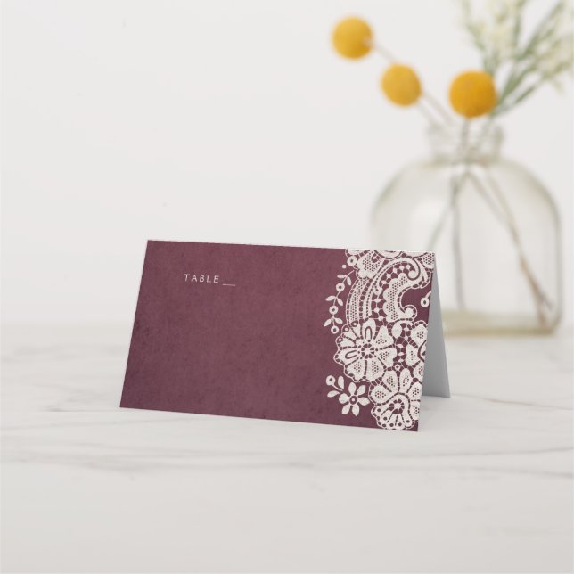 Burgundy vintage lace rustic wedding place cards (Front)