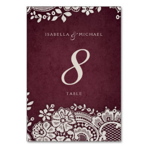 Burgundy vintage lace rustic wedding table card