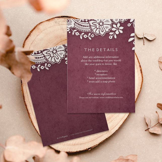 Burgundy vintage lace rustic weddng details card (Burgundy vintage lace rustic weddng details card)