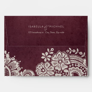 Burgundy vintage lace wedding return address envelopes