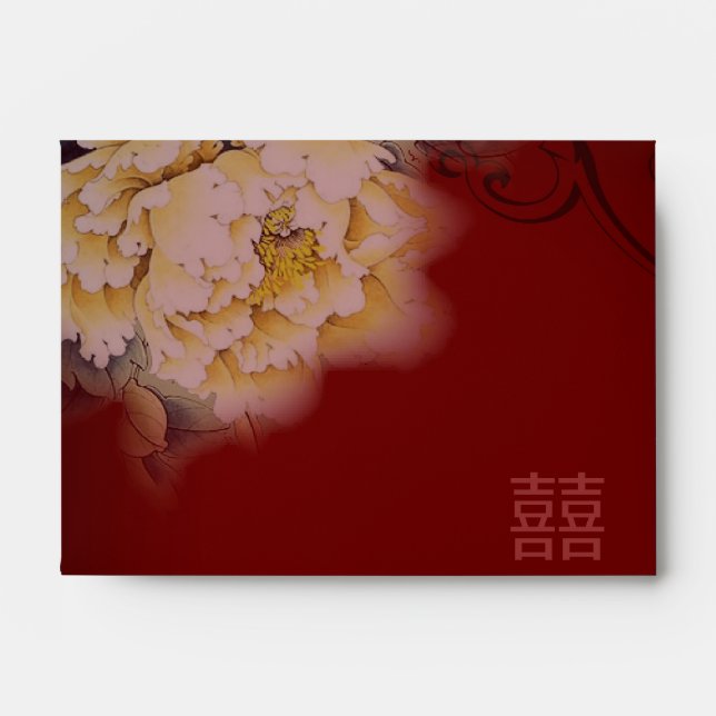 burgundy vintage peony floral chinese Wedding Envelopes (Front)