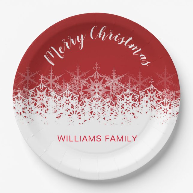 Burgundy vintage snowflake merry christmas paper plate (Front)