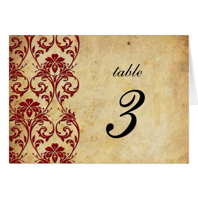 Burgundy Vintage Swirl Damask Wedding Table Number (Front Horizontal)