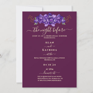 Burgundy Violet Floral Gold Rehearsal Dinner Invitation