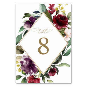 Burgundy Violet Flowers & Gold Frame Wedding Table Number