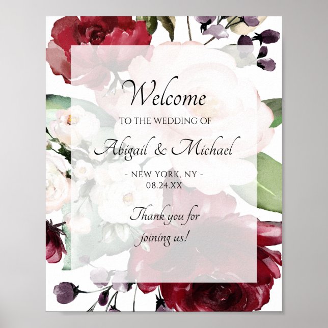 Burgundy Violet Peach Floral Wedding Welcome Sign (Front)