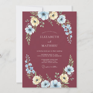 Burgundy Watercolor Blossom Wedding Invitation