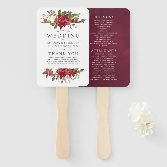 Burgundy Watercolor Christmas Wedding Program Hand Fan (Front and Back)