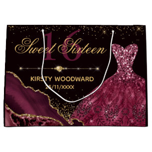 Burgundy Watercolor Dress & agate Sweet 16 Large Gift Bag