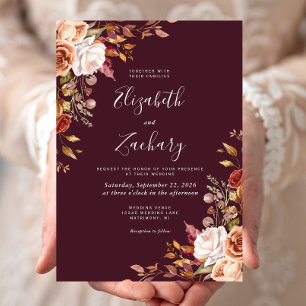 Burgundy Watercolor Fall Floral Wedding Invitation