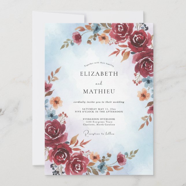 Burgundy Watercolor Fall Wedding Invitation (Front)